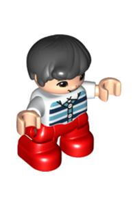 Duplo Figure Lego Ville, Child Boy, Red Legs, White Top with Medium Azure and Dark Blue Stripes, Black Hair 47205pb077