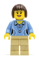 Medium Blue Female Shirt with Two Buttons and Shell Pendant, Tan Legs, Dark Brown Bob Cut Hair - twn207