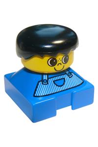 Duplo 2 x 2 x 2 Figure Brick, Blue Base, Striped Overalls, Black Hair, Large Eyes, Freckles on Nose 2327pb01