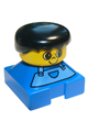 A Duplo figure with black hair and large eyes on a blue base wearing striped overalls with freckles on the nose - 2327pb01