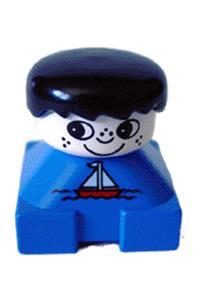 Duplo 2 x 2 x 2 Figure Brick, Blue Base with Sailboat Pattern, White Head with Freckles, Black Male Hair 2327pb04