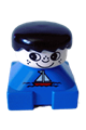 Duplo figure with 2 x 2 x 2 brick body, blue base with sailboat pattern, white head with freckles, black male hair - 2327pb04