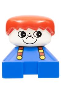 Duplo Figure with blue base - Duplo figure with a white head having freckles, blue base with suspenders, and red male hair - 2327pb05