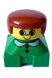 Duplo 2 x 2 x 2 Figure Brick, Green Base with White Collar and Red Heart Buttons, Yellow Head, Dark Orange Female Hair 2327pb06
