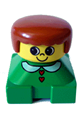Duplo figure brick with a green base, white collar with red heart buttons, yellow head, and dark orange female hair - 2327pb06