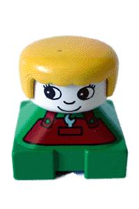 Duplo 2 x 2 x 2 Figure Brick, Green Base with Rust Overalls and Wrench Pattern, White Head with Eyelashes, Yellow Female Hair 2327pb07