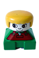 Duplo 2 x 2 x 2 Figure Brick, Green Base with Rust Overalls and Wrench Pattern, White Head with Eyelashes, Yellow Female Hair - 2327pb07