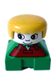 A Duplo figure brick with a green base, rust overalls with a wrench pattern, a white head with eyelashes, and yellow female hair - 2327pb07