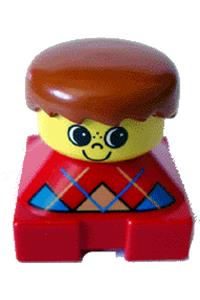 Duplo 2 x 2 x 2 Figure Brick, Red Base with Blue Argyle Sweater Pattern, Yellow Head with Freckles on Nose, Dark Orange Male Hair 2327pb08