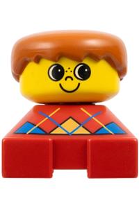 Duplo 2 x 2 x 2 Figure Brick, Red Base with Blue Argyle Sweater Pattern, Yellow Head with Freckles on Nose, Dark Orange Male Hair 2327pb08