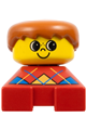 Duplo figure brick with a red base and blue argyle sweater, yellow head with freckles, and dark orange hair - 2327pb08