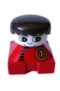 Duplo 2 x 2 x 2 Figure Brick, Red Base with Number 1 Race Pattern, White Head, Black Male Hair 2327pb09