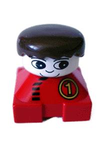 Duplo Figure with red base - Duplo figure brick with a red base and number 1 race pattern, white head, and black male hair - 2327pb09