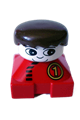Duplo figure brick with a red base and number 1 race pattern, white head, and black male hair - 2327pb09