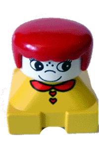 Duplo 2 x 2 x 2 Figure Brick, Yellow Base with Red Collar and Red Heart Buttons, White Head with Eyelashes, Red Female Hair 2327pb10