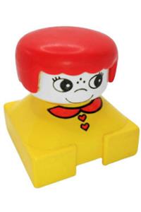 Duplo 2 x 2 x 2 Figure Brick, Yellow Base with Red Collar and Red Heart Buttons, White Head with Eyelashes, Red Female Hair 2327pb10