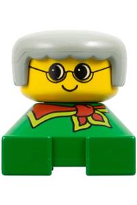 Duplo Grandmother - Grandmother Duplo figure with gray hair and yellow face on a green base brick - 2327pb11