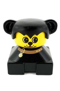 Duplo Dog - A figure brick with a dog on a black base, featuring black hair with ears and a yellow dog face - 2327pb12