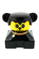 A figure brick with a dog on a black base, featuring black hair with ears and a yellow dog face - 2327pb12