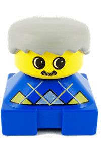 Duplo 2 x 2 x 2 Figure Brick, Blue Base with Yellow Argyle Sweater Pattern, Yellow Head with Moustache, Light Gray Male Hair 2327pb13