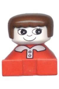 Duplo Figure with red base - Duplo figure brick in red with white collar and pink buttons, white head with eyelashes, and brown female hair - 2327pb14