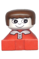 Duplo figure brick in red with white collar and pink buttons, white head with eyelashes, and brown female hair - 2327pb14
