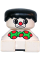 Duplo 2 x 2 x 2 Figure Brick, Clown, White Base, Green Bow with Red Dots, Black Hair, White Face with Red Nose - 2327pb18