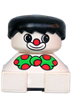 Clown Duplo figure with a white base, green bow with red dots, black hair, and white face with red nose - 2327pb18