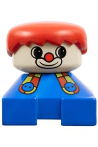 Duplo Clown - Clown Duplo figure with a white head, red male hair, wearing blue base with button suspenders - 2327pb19