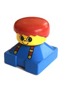 Duplo Figure with blue base - Duplo figure with blue base and suspenders, yellow head with smile and freckles, red male hair - 2327pb20