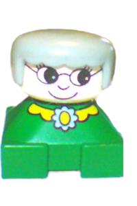 Duplo 2 x 2 x 2 Figure Brick, Grandmother, Green Base, Gray Hair, White Head, Yellow Collar with Flower 2327pb23
