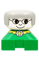 Grandmother Duplo figure with gray hair and white head, on a green base with yellow collar and flower - 2327pb23