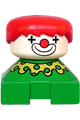 Clown figure made of Duplo 2 x 2 x 2 brick with green base, yellow collar, white head and red hair - 2327pb24