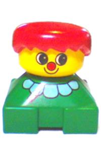 Duplo Clown - Clown Duplo figure with red hair and yellow head on a green base with white collar - 2327pb25