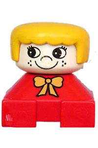 Duplo 2 x 2 x 2 Figure Brick, Red Base with Yellow Bow, White Head with Eyelashes and Freckles, Yellow Hair 2327pb26