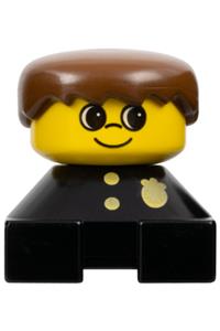 Duplo Figure with black base - A Duplo figure with a black base featuring a police pattern, a yellow head, and brown male hair - 2327pb27