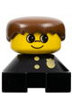 A Duplo figure with a black base featuring a police pattern, a yellow head, and brown male hair - 2327pb27