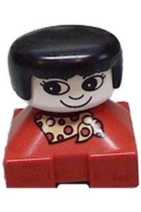 Duplo Figure with red base - Duplo figure with red base, yellow and red polka dot scarf, white face, and black female hair - 2327pb28