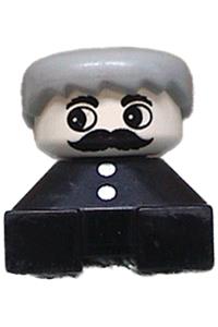 Duplo Figure with black base - Duplo figure brick with black base and two buttons, gray hair, white face, and a moustache - 2327pb29