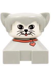 Duplo Cat - Duplo figure brick cat with light gray base, red collar, light gray hair with ears, yellow face, round eyes, and 2 whiskers - 2327pb31
