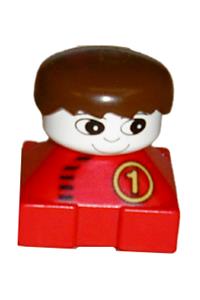 Duplo 2 x 2 x 2 Figure Brick, Red Base with Number 1 Race Pattern, White Head, Brown Male Hair 2327pb35