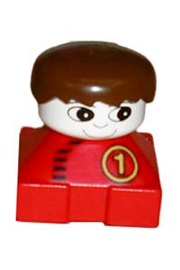 Duplo Figure with red base - Duplo figure brick in red with number 1 race pattern, white head, and brown male hair - 2327pb35