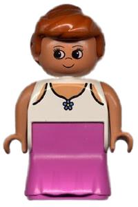 Duplo Female Lady - Female Duplo figure with a dark pink dress and a lace-lined tank top featuring a blue flower - 31181pb01