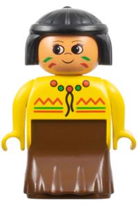 Duplo American Indian Female - Lady Duplo American Indian figure with black hair, wearing a brown dress with a yellow top - 31181pb03
