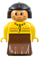 Lady Duplo American Indian figure with black hair, wearing a brown dress with a yellow top - 31181pb03