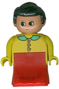Duplo Female Lady - Lady Duplo figure wearing a red dress with a yellow top and green collar - 31181pb04
