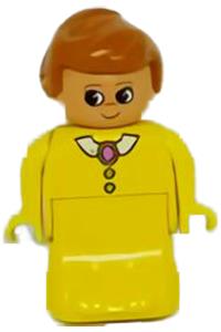 Duplo Figure, Female Lady, Yellow Dress, Yellow Top, White Collar and Dark Pink Brooch 31181pb05