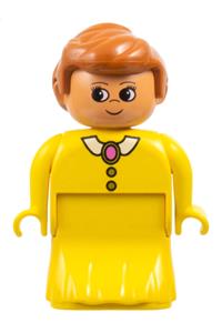 Duplo Female Lady - Lady Duplo figure in a yellow dress with a yellow top, white collar, and dark pink brooch - 31181pb05