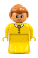 Duplo Figure, Female Lady, Yellow Dress, Yellow Top, White Collar and Dark Pink Brooch - 31181pb05