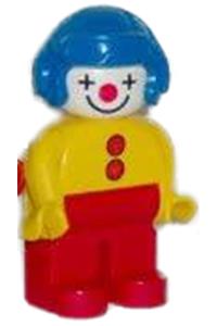Duplo Male Clown - Duplo clown with yellow top, red legs, yellow arms, and blue aviator helmet - 4555pb001